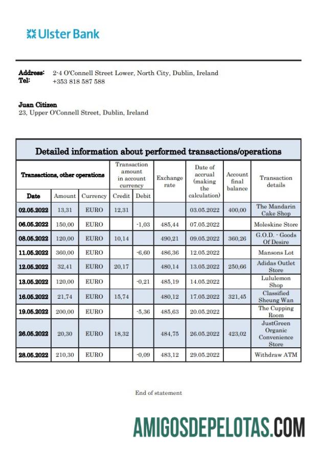 Exemplo de extrato bancário do Ulster da Irlanda
